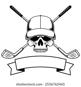 Golf sport emblem, logo with crossed golf stick and banner. Skull wearing hat with crossed gold stick on background	
