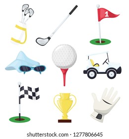 Golf sport equipment club stick, ball and hole on tee or cart car on green course for championship or tournament vector illustration. Golf stick, ball, glove, flag, car and bag.
