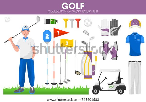 Golf sport equipment golfer player garment accessory\
vector icons set