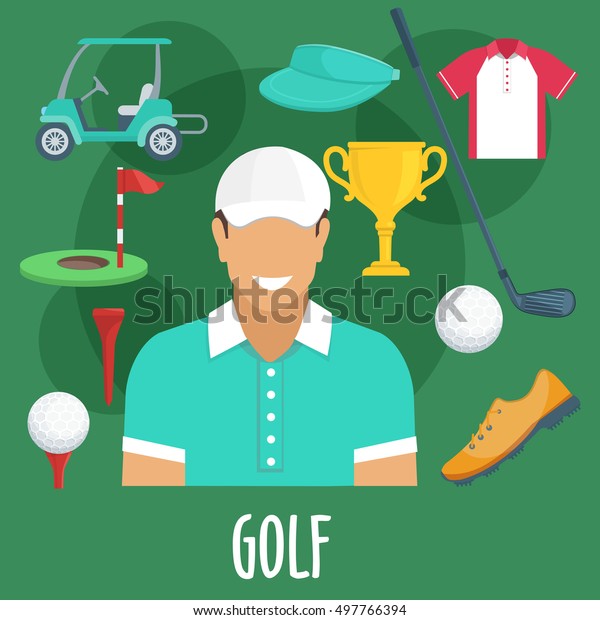 Golf sport equipment and outfit. Golf man player with\
accessories. Vector apparel icons of cap visor, golf club, ball,\
shoe, victory cup, pin, flag, hole, playing field, t-shirt, electro\
car cab