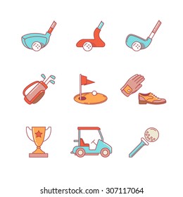 Golf sport and equipment thin line icons set. Clubs, flag and green hole, trophy. Modern flat style symbols isolated on white for infographics or web use.