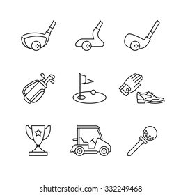 Golf sport and equipment thin line art icons set. Clubs, flag and green hole, trophy. Modern black symbols isolated on white for infographics or web use.