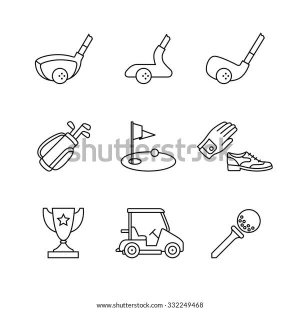 Golf sport and equipment thin\
line art icons set. Clubs, flag and green hole, trophy. Modern\
black symbols isolated on white for infographics or web\
use.