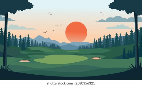 Golf Sport Field Nature Landscape with Mountains View and Sun at Sunrise Sunset