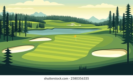 Golf Sport Field Nature Landscape with Mountains View in the Morning