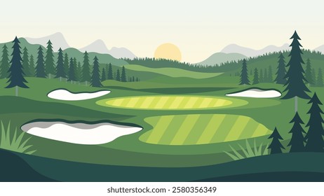 Golf Sport Field Nature Landscape with Mountains View in the Morning