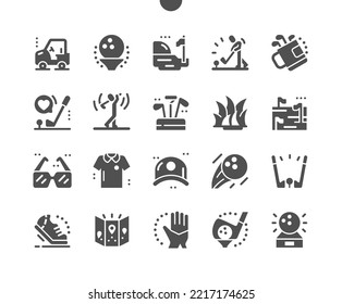 Golf. Sport game. Golf championship, professional clothes for playing. Entertainment activity. Vector Solid Icons. Simple Pictogram