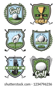 Golf sport heraldic icons and symbols with crossed sticks and ball, gold trophy cup and white glove. Royal game and sport items, professional supreme league signs, tournament or competition symbols