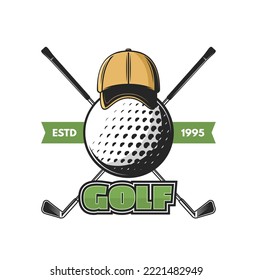 Golf sport icon with crossed clubs, golfer club championship vector emblem. Golf sport and recreation game or league club sign with golfer cap hat, ball and clubs on green ribbon