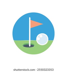 Golf sport icon with flag, ball and hole.  Flat color design vector illustration.