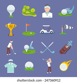 Golf sport icon flat set with golfer flag ball lawn isolated vector illustration