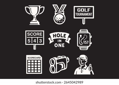 golf sport icon set in retro style. tournament and scoring golf elements. golf competition symbols including trophy, medal, scoreboard, sign, hole-in-one banner, scorecard, smart watch and golf player