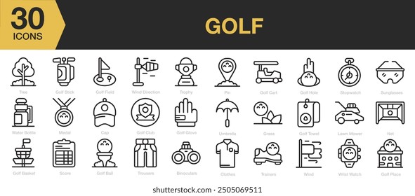 Juegos de iconos de deporte de golf. Incluye puntuación, agujero de golf, ropa, entrenador, paraguas, medalla, guante y más. Colección de Vector de iconos de contorno.