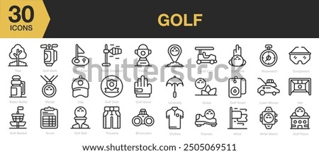 Golf sport icon sets. Includes score, golf hole, clothes, trainer, umbrella, medal, glove, and More. Outline icons vector collection.