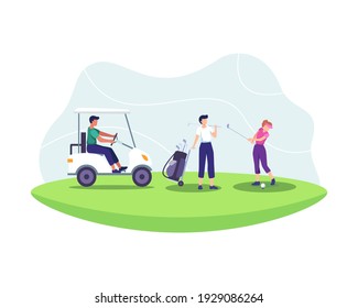 Golf sport illustration concept. Young characters with golf equipment and cart. People on golf field, Sports, Outdoors fun, Healthy lifestyle. Golfers with clubs and equipment. Vector in a flat style