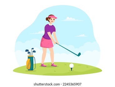 Golf Sport Illustration with Flags, Cart, Sticks, Green Field and Sand Bunker for Outdoors Fun or Lifestyle in Flat Cartoon Hand Drawn Templates