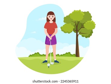 Golf Sport Illustration with Flags, Cart, Sticks, Green Field and Sand Bunker for Outdoors Fun or Lifestyle in Flat Cartoon Hand Drawn Templates