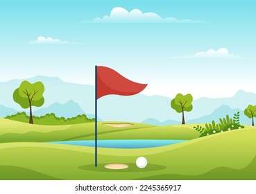 Golf Sport Illustration with Flags, Cart, Sticks, Green Field and Sand Bunker for Outdoors Fun or Lifestyle in Flat Cartoon Hand Drawn Templates