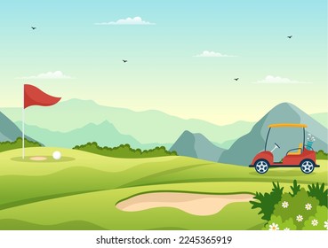 Golf Sport Illustration with Flags, Cart, Sticks, Green Field and Sand Bunker for Outdoors Fun or Lifestyle in Flat Cartoon Hand Drawn Templates