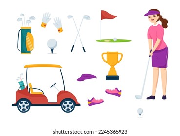 Golf Sport Illustration with Flags, Cart, Sticks, Green Field and Sand Bunker for Outdoors Fun or Lifestyle in Flat Cartoon Hand Drawn Templates