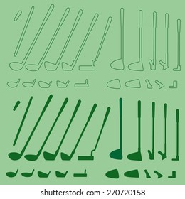 Golf Sport Items Linear And Silhouette Set.  Driver, Wood, Iron, Wedge, Putter Golf Clubs And Club Heads. Editable And Web Design Suitable.