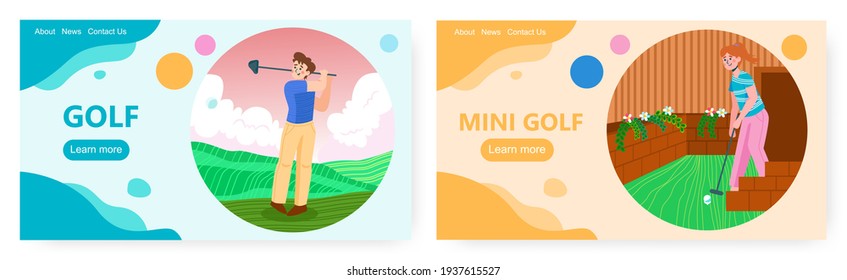 Golf sport landing page design, website banner vector template set. Active and healthy lifestyle.