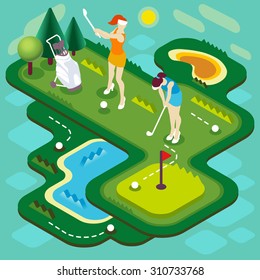 Golf Sport Match Concept Interacting People Unique Isometric Realistic Poses 3D Flat Vector Illustration Golf Club Players Stroke Ball Course Professional Competition Sportswoman Image Drawing