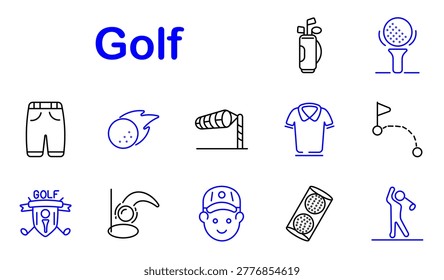 Golf sport set icon. Line style icons display golf bag, tee ball, pants clothing, flying ball, wind sock, polo shirt, flag shot, golf emblem, swing motion, player face, ball pack, golfer action