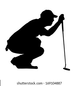 Golf Sport Silhouette - Golfer kneeling judging putting angle