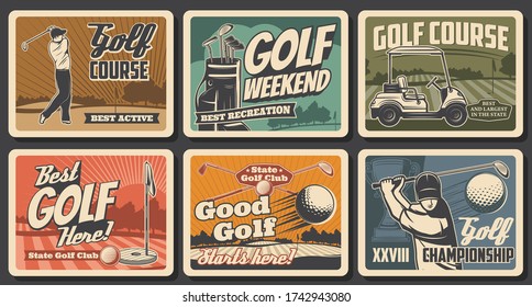 Golf sport vector clubs, balls and tees, flags and holes on green grass course with players or golfers and cart, winner trophy cup and bag. Golf club retro posters of championship tournament