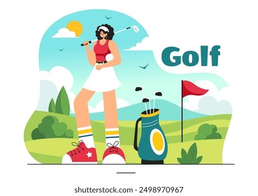 Golf Sport Vector Illustration with Flags, Cart, Clubs, Green Field, and Sand Bunker for Outdoor Fun or Lifestyle in a Flat Style Cartoon Background