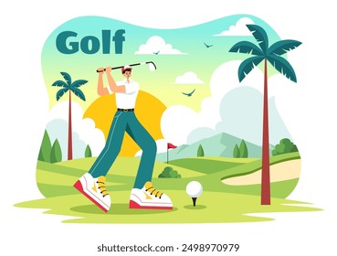 Golf Sport Vector Illustration with Flags, Cart, Clubs, Green Field, and Sand Bunker for Outdoor Fun or Lifestyle in a Flat Style Cartoon Background