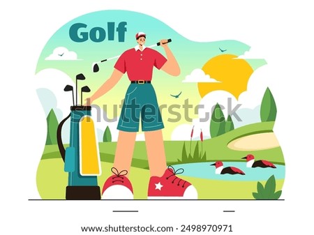 Golf Sport Vector Illustration with Flags, Cart, Clubs, Green Field, and Sand Bunker for Outdoor Fun or Lifestyle in a Flat Style Cartoon Background