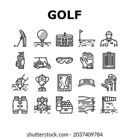 Golf Sportive Game On Playground Icons Set Vector. Ball And Clubs In Bag, Caddy And Gps Digital Gadget, Cup Award And Score, Gloves And Sunglasses Golf Player Accessories Black Contour Illustrations