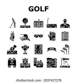 Golf Sportive Game On Playground Icons Set Vector. Ball And Clubs In Bag, Caddy And Gps Digital Gadget, Cup Award Score, Gloves Sunglasses Golf Player Accessories Glyph Pictograms Black Illustrations