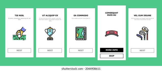 Golf Sportive Game On Playground Onboarding Mobile App Page Screen Vector. Ball And Clubs In Bag, Caddy And Gps Digital Gadget, Cup Award And Score, Gloves Sunglasses Player Accessories Illustrations