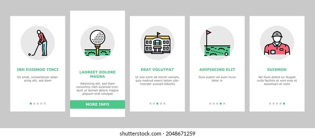 Golf Sportive Game On Playground Onboarding Mobile App Page Screen Vector. Ball And Clubs In Bag, Caddy And Gps Digital Gadget, Cup Award And Score, Gloves Sunglasses Player Accessories Illustrations