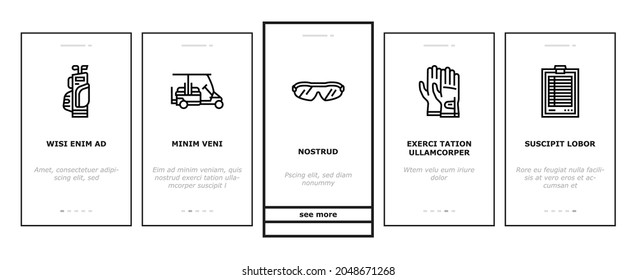 Golf Sportive Game On Playground Onboarding Mobile App Page Screen Vector. Ball And Clubs In Bag, Caddy And Gps Digital Gadget, Cup Award And Score, Gloves Sunglasses Player Accessories Illustrations