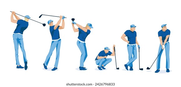 hombre de deportes de golf posa sobre fondo blanco. Estilo de vida deportivo, aficiones y actividades profesionales. Ilustración plana del vector