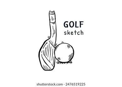 Golf stick and ball hand drawn line sketch vector illustration