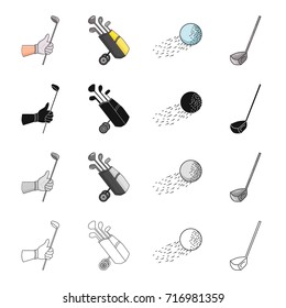 Golf stick in hand, putter in bag, ball in flight, stick. Golf set collection icons in cartoon black monochrome outline style vector symbol stock illustration web.