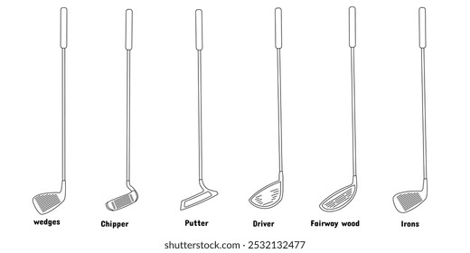 Golfschläger-Set-Design, Outline-Stil, verschiedene Arten und Namen. Fahrer, Fairways, Hacker, Widgets, Putter, Eisen. editierbarer Vektor eps 10.