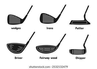 golf stick set design, various types and names. drivers, fairways, chippers, widgets, putters, irons. editable vector eps 10.