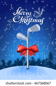 Golf sticks tied with a red bow inserted in the snow on a blue background with snowflakes and greeting text. Colorful vector illustration