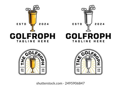 golf sticks in trophy cup logo design for golfer and tournament.  golf club professional with golden trophy and putter sticks sign symbol modern logo. set of golf sport emblem badge logo illustration