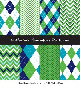 Golf Style Chevron and Argyle Seamless Patterns in Grass Green, Navy, Blue and White with Sky Blue Stripes. Pattern Swatches made with Global Colors - easy to change all patterns in one click.