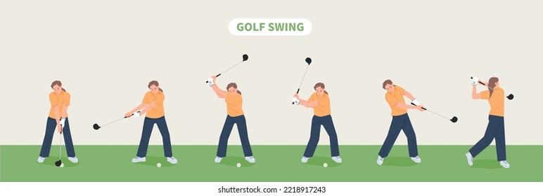 Golf swing pose steps. A golf player is showing his golf swing. flat vector illustration.