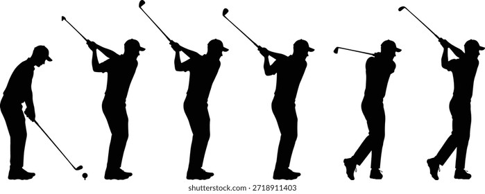 Sequência de silhueta de balanço de golfe, ícones de esportes negros, estágios de movimento atlético, ilustração técnica de golfe, vetor postura do jogador, conjunto clipart guia de treinamento