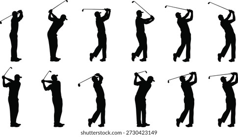 Ilustração vetorial da silhueta do balanço do golfe, doze fases do movimento, gráfico preto e branco dos esportes, postura atlética, sequência do treinamento, estudo dinâmico do movimento
