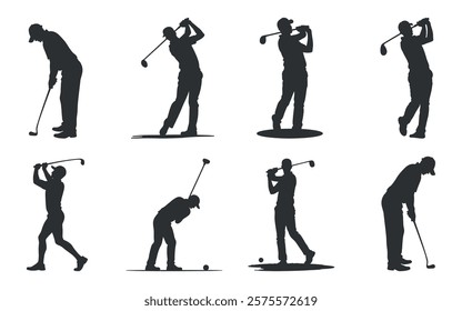 golf swing silhouettes, male players in various golf poses